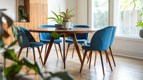 table and chairs in cafe  Round Wooden Dining Table and Blue Chair  Sc 