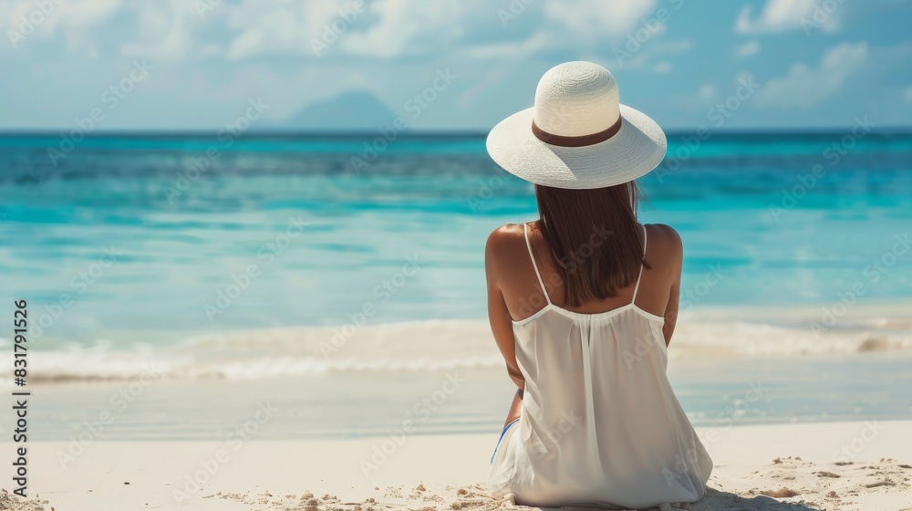 A woman peacefully enjoys the ocean view on a tropical beach, soaking up the sun and serene atmosphere, creating a peaceful and relaxing scene, filled with the tranquility of a coastal paradise A woman peacefully enjoys the ocean view on a tropical beach, soaking up the sun and serene atmosphere, creating a peaceful and relaxing scene, filled with the tranquility of a coastal paradise