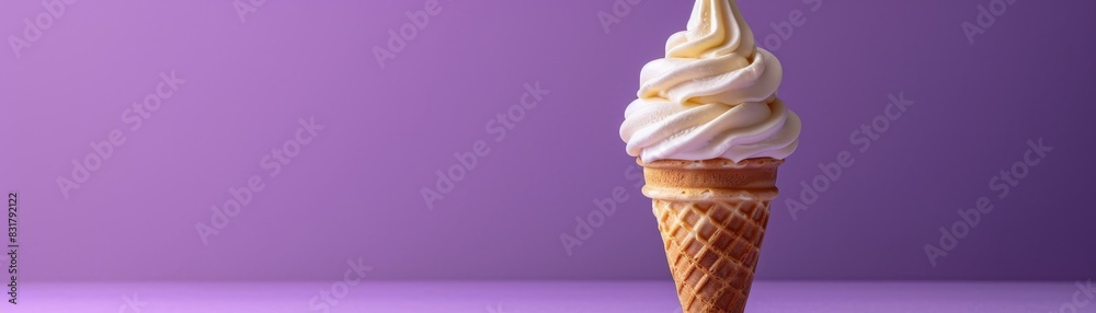 Ice cream cone on lavender backdrop with text space, studio lighting, minimalist photo, and summer vibes Ice cream cone on lavender backdrop with text space, studio lighting, minimalist photo, and summer vibes