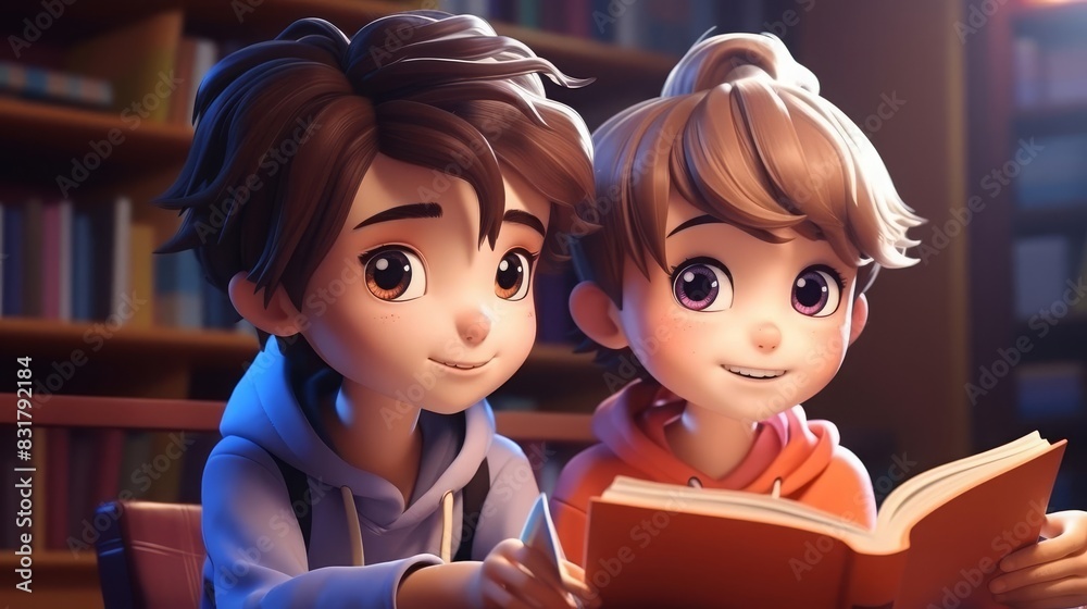 Boy and girl reading cartoon flat design front view library theme 3D render Splitcomplementary color scheme Boy and girl reading cartoon flat design front view library theme 3D render Splitcomplementary color scheme