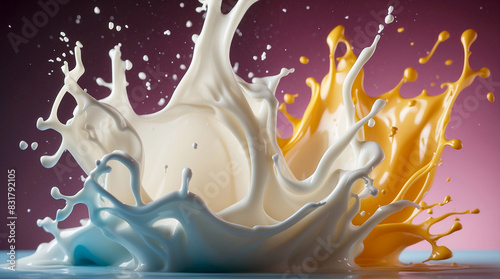milk splashes isolated against various colored backgrounds. Use lighting and shadow to enhance the three-dimensional quality photo