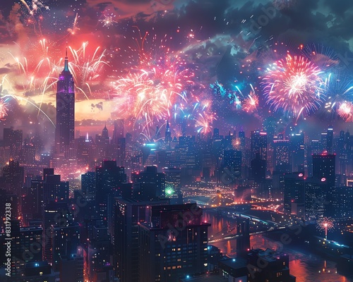 Highres 8K image of National Day of America fireworks over a city skyline, detailed and colorful © Thanaseth