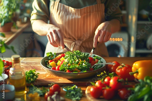 Person preparing a fresh salad in a cozy kitchen, surrounded by vibrant vegetables and fresh ingredients.