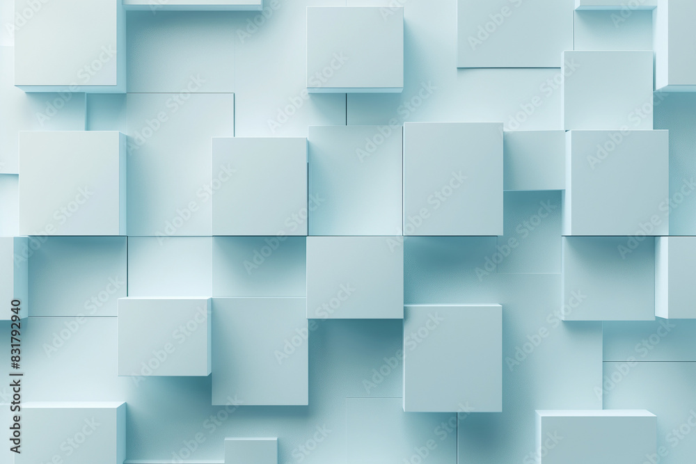 3D arranges light blue square geometric shapes with soft shadows on a light blue background 3D arranges light blue square geometric shapes with soft shadows on a light blue background