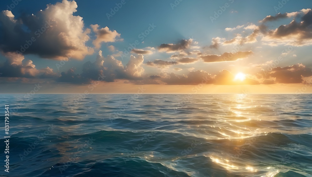 Panoramic view of the ocean with the sun shining.generative.ai Panoramic view of the ocean with the sun shining.generative.ai