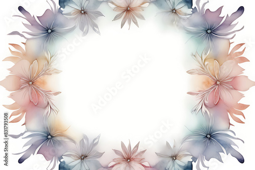 Round floral frame decorated with colorful flowers and leaves against a white backdrop.