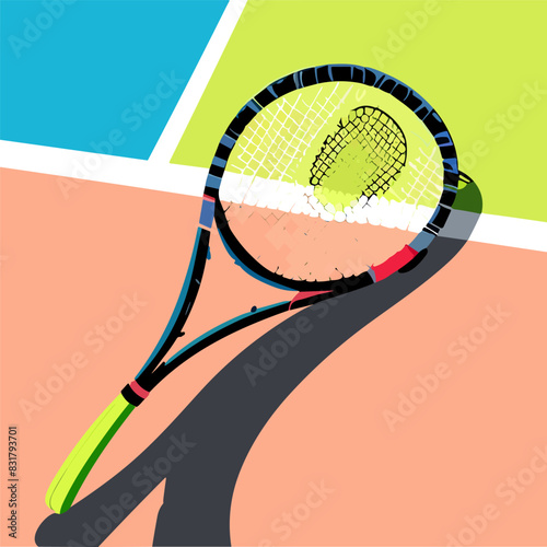Tennis Championship and Tournament Poster. Indoor, Blue, Court. Ball on the Line. Net Shadow on floor. Close up. Flat, Simple, Retro style - Vector