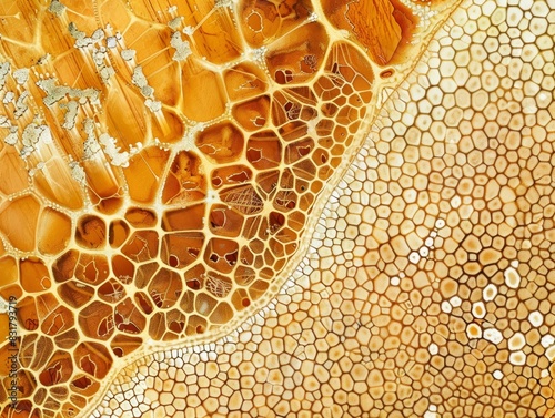 A close-up microscope image of a section of wood, revealing the detailed cellular structure and growth rings. The high-resolution view captures the unique and fascinating structure of plant anatomy.