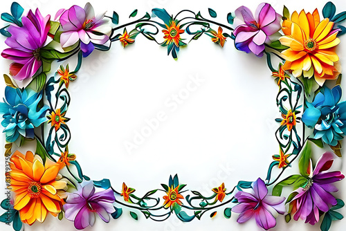 Beautiful colorful photo frames of colorful flowers and green leaves. Arranged in a circle on a white background.