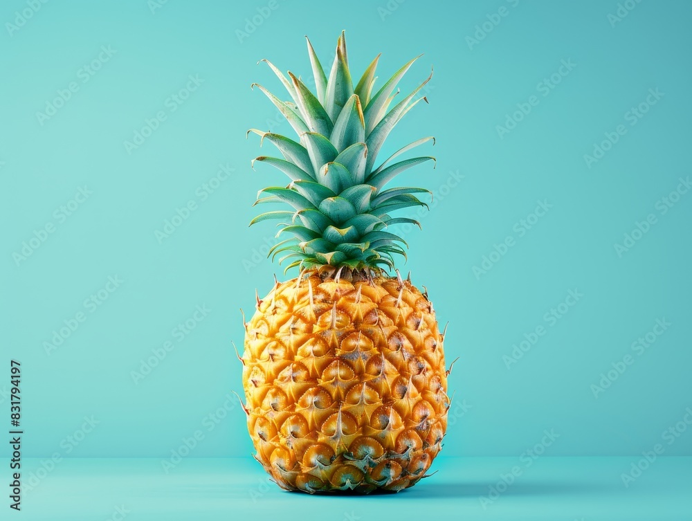 Pineapple stands alone against a turquoise backdrop, capturing the essence of summer in a minimalist studio shot Pineapple stands alone against a turquoise backdrop, capturing the essence of summer in a minimalist studio shot