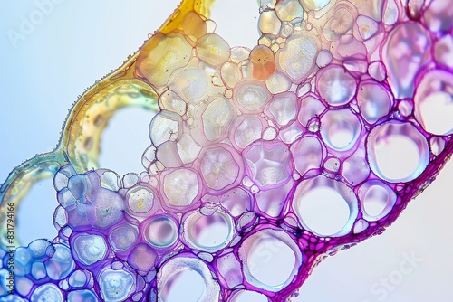 A high-resolution microscope view of a section of plant stem, showcasing the intricate vascular bundles and cellular structure. The detailed image highlights the functionality and beauty of plant photo