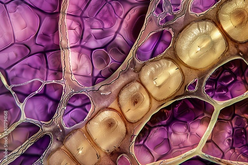 A high-resolution microscope view of a section of plant stem, showcasing the intricate vascular bundles and cellular structure. The detailed image highlights the functionality and beauty of plant photo