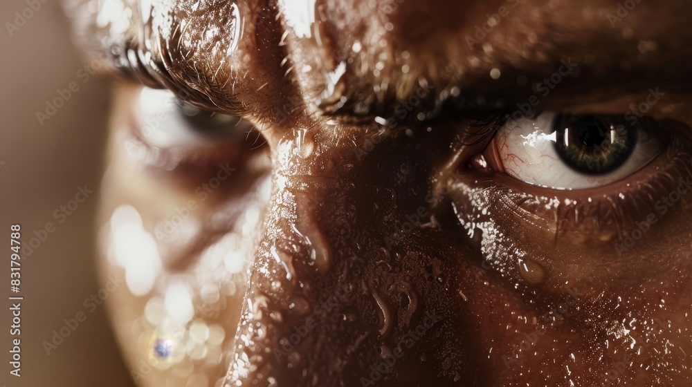 Naklejka premium A high-definition image of a sweat-covered forehead and determined eyes, capturing the intensity of a workout. The background is intentionally out of focus, leaving room for copy space.