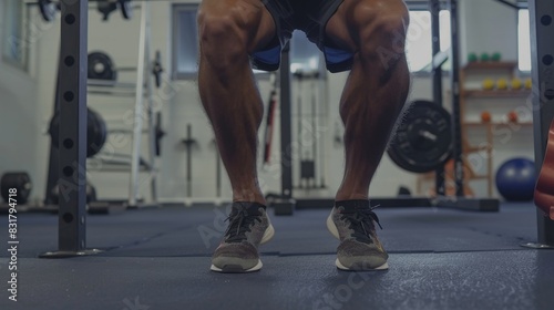 A detailed image of a person's legs and feet while performing a squat, showcasing the muscles and stability required for the exercise. The close-up perspective captures the form and effort in a