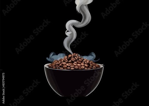 Cup of coffee with coffee grain. Photo-realistic vector.