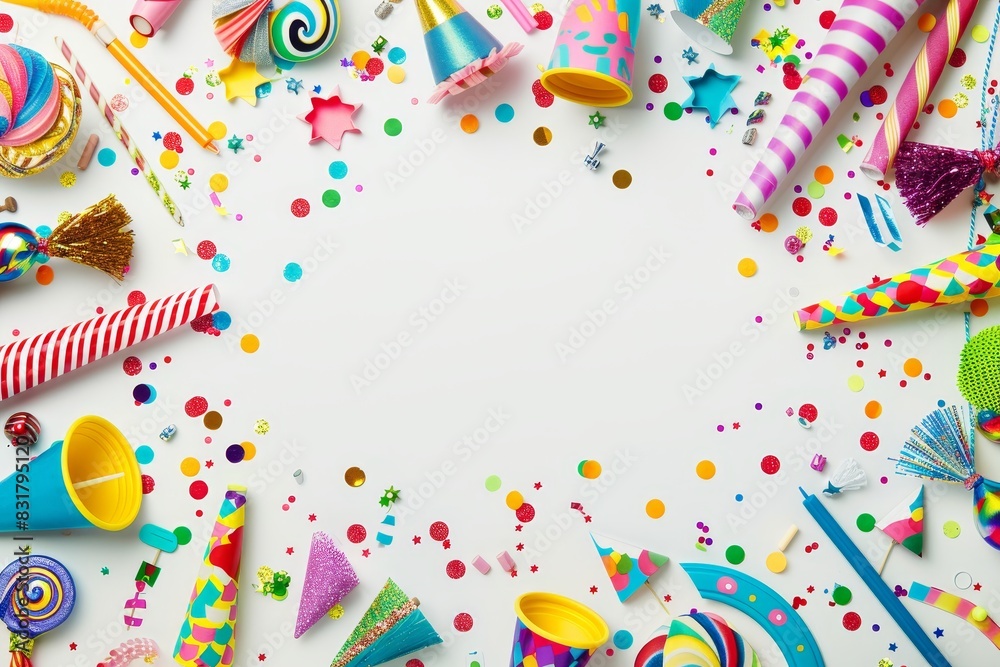 A festive flat lay image featuring a variety of colorful party supplies like hats, blowers, and confetti arranged around a blank white space. This design provides generous copy space, perfect for A festive flat lay image featuring a variety of colorful party supplies like hats, blowers, and confetti arranged around a blank white space. This design provides generous copy space, perfect for