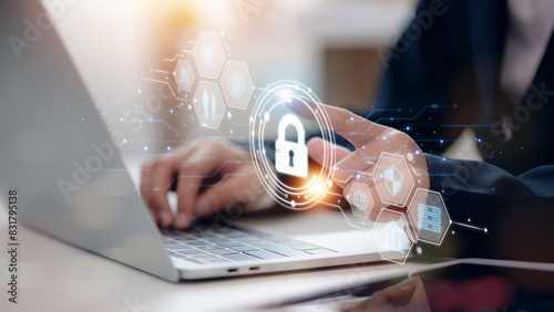 Cyber security and data protection on internet. Person touching virtual shield, secure access, encrypted connection. Password protected system and storage. Cybersecurity technology. photo