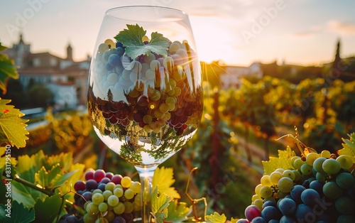 A glass of wine with grapes and vineyard at sunset, capturing the essence of nature and winemaking in a serene landscape. photo