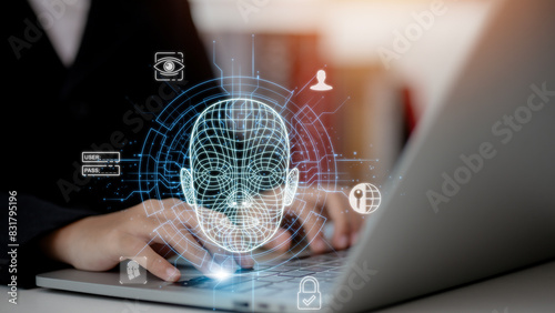 Deepfake concept, Facial tracking, detection and recognition technology, Security system. matching facial movements. Face swapping or impersonation.