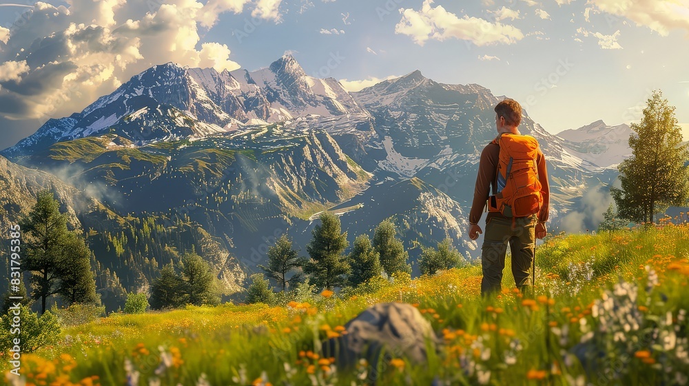 A hiker with an orange backpack standing in a field of wildflowers, admiring the scenic view of snow-capped mountains under a sunny sky. A hiker with an orange backpack standing in a field of wildflowers, admiring the scenic view of snow-capped mountains under a sunny sky.
