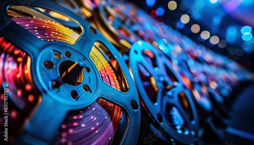 Close-up of colorful film reels with vibrant lighting, representing entertainment and cinema in a dazzling, abstract composition.