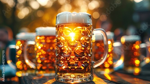 Close-up of beer mugs with frothy tops, backlit by warm sunlight at an outdoor gathering, evoking a festive and refreshing atmosphere.