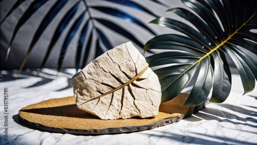 Artistic rock and tropical leaves arrangement photo