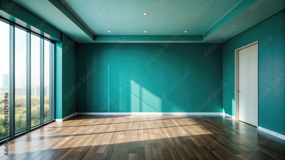 Spacious room with teal walls and large windows Spacious room with teal walls and large windows
