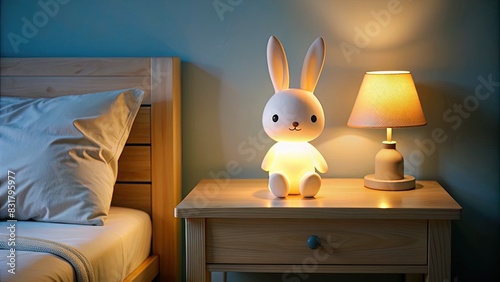 Bunny nightlight beside a bed in a cozy room photo