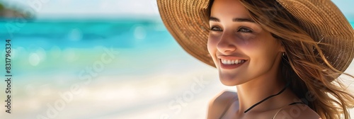 A woman in a straw hat looks joyful and relaxed on a sunny beach, radiating happiness and tranquility in the moment, enjoying the beautiful seaside setting under the warm sunshine and gentle breeze photo