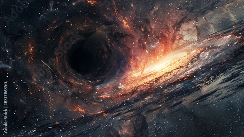 A black hole at the center of a galaxy. Its immense gravity distorts the surrounding stars, creating a mesmerizing spectacle of light and darkness. photo