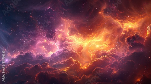 A cosmic storm raging within a nebula. Vivid bolts of energy crackle through the gas clouds, illuminating them in a breathtaking display of power. photo