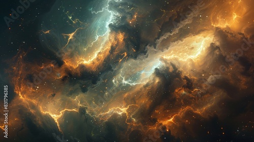 A cosmic storm raging within a nebula. Vivid bolts of energy crackle through the gas clouds, illuminating them in a breathtaking display of power. photo