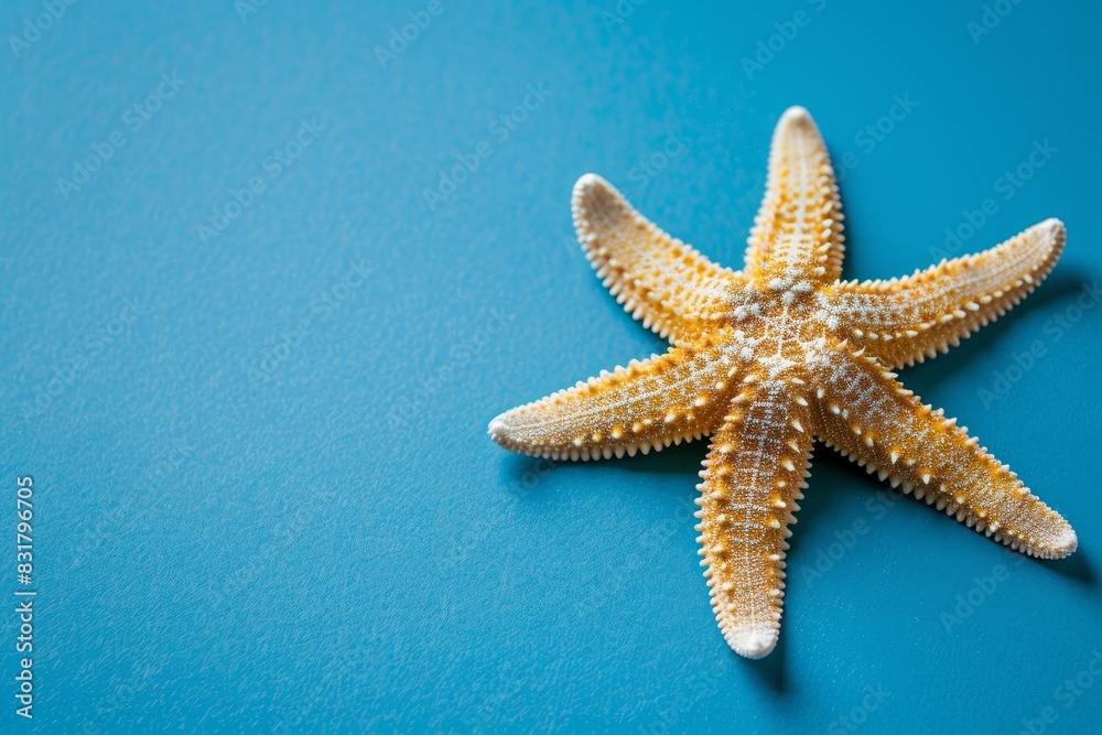 Starfish isolated on cyan blue background with space for text, studio lighting, minimalist photo, summer concepts Starfish isolated on cyan blue background with space for text, studio lighting, minimalist photo, summer concepts