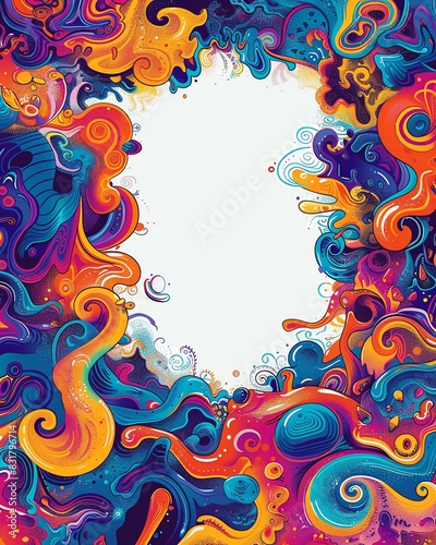 Blank photo-frame with a psychedelic cartoon theme, set against a white background, featuring bright colors, abstract patterns, and swirls, no text