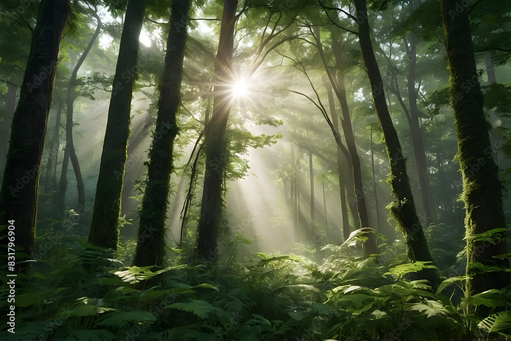 A landscape of a green forest