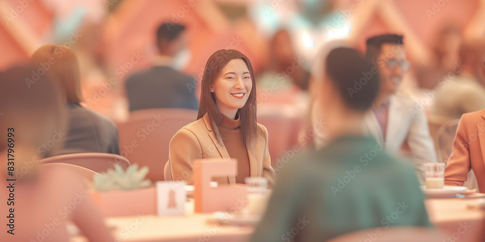 a woman is sitting at a table with other people
 