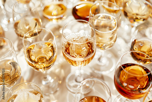 A variety of glasses filled with different types of alcoholic beverages, creating a festive atmosphere.