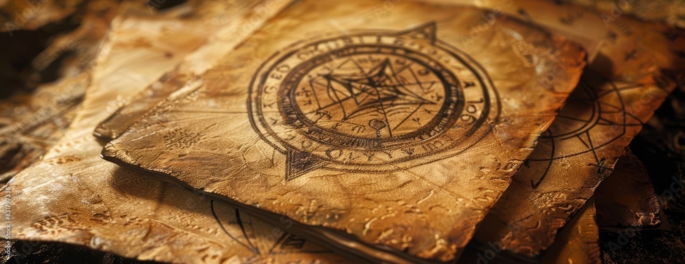 Fototapeta premium Old parchment with a circular symbol, worn and aged, mysterious and antique