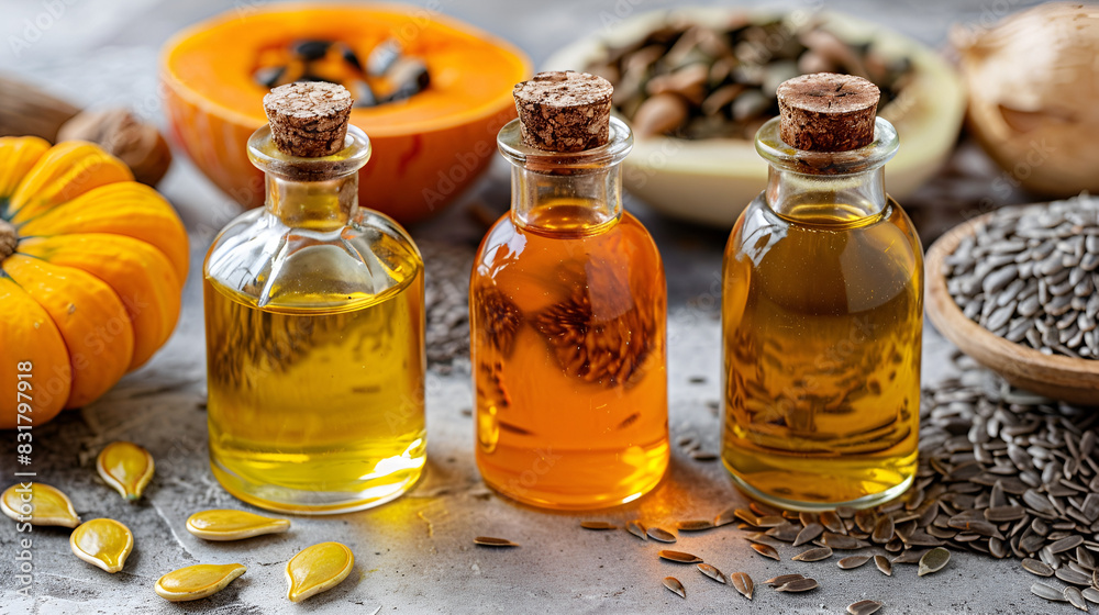 Different fresh herbs with oils on wooden table
Different fresh herbs with oils on wooden table
