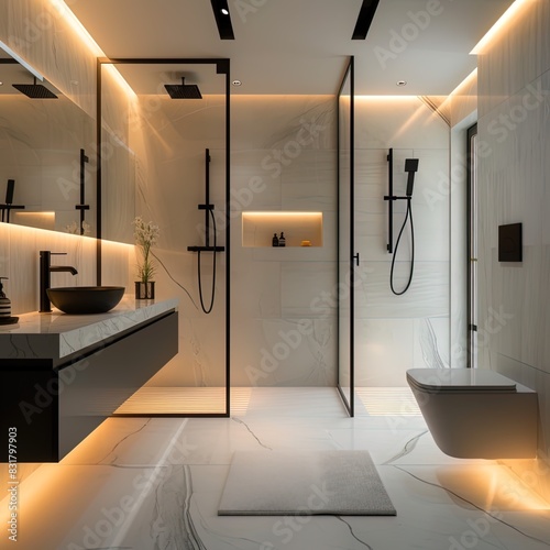 luxurious modern bathroom with LED lighting, matte black fixtures and fittings and white marble mosaic tiles