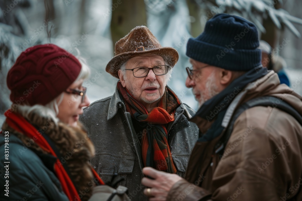 Senior couple walking in the park in winter. Old man in hat and scarf. Senior couple walking in the park in winter. Old man in hat and scarf.