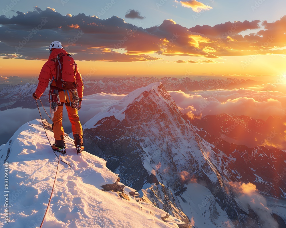 8K crystalclear image of a mountain climber at sunset, rich colors, vast sky, fine textures and depth