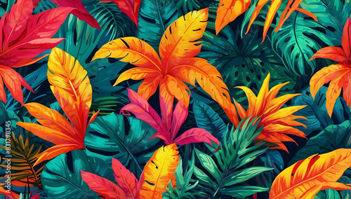 illustration of colorful abstract tropical leaves background. AI generated