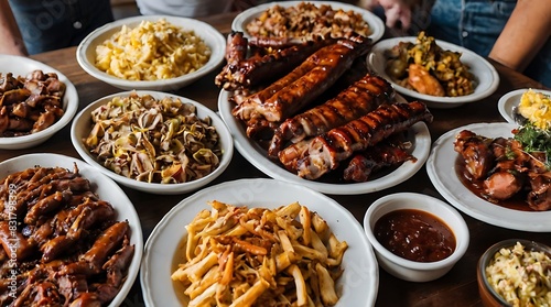 arge table is filled with many different types of food, including ribs, pulled pork, and various sides. photo