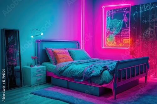 a bedroom with neon lights and a bed