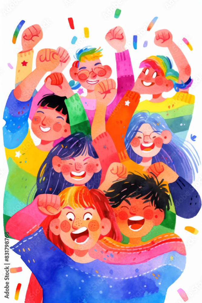 Naklejka premium LGBT friend and couples with happiness and smile, Pride month , gay and lesbian relationship. Rainbow and balloon Pride element with white background. 