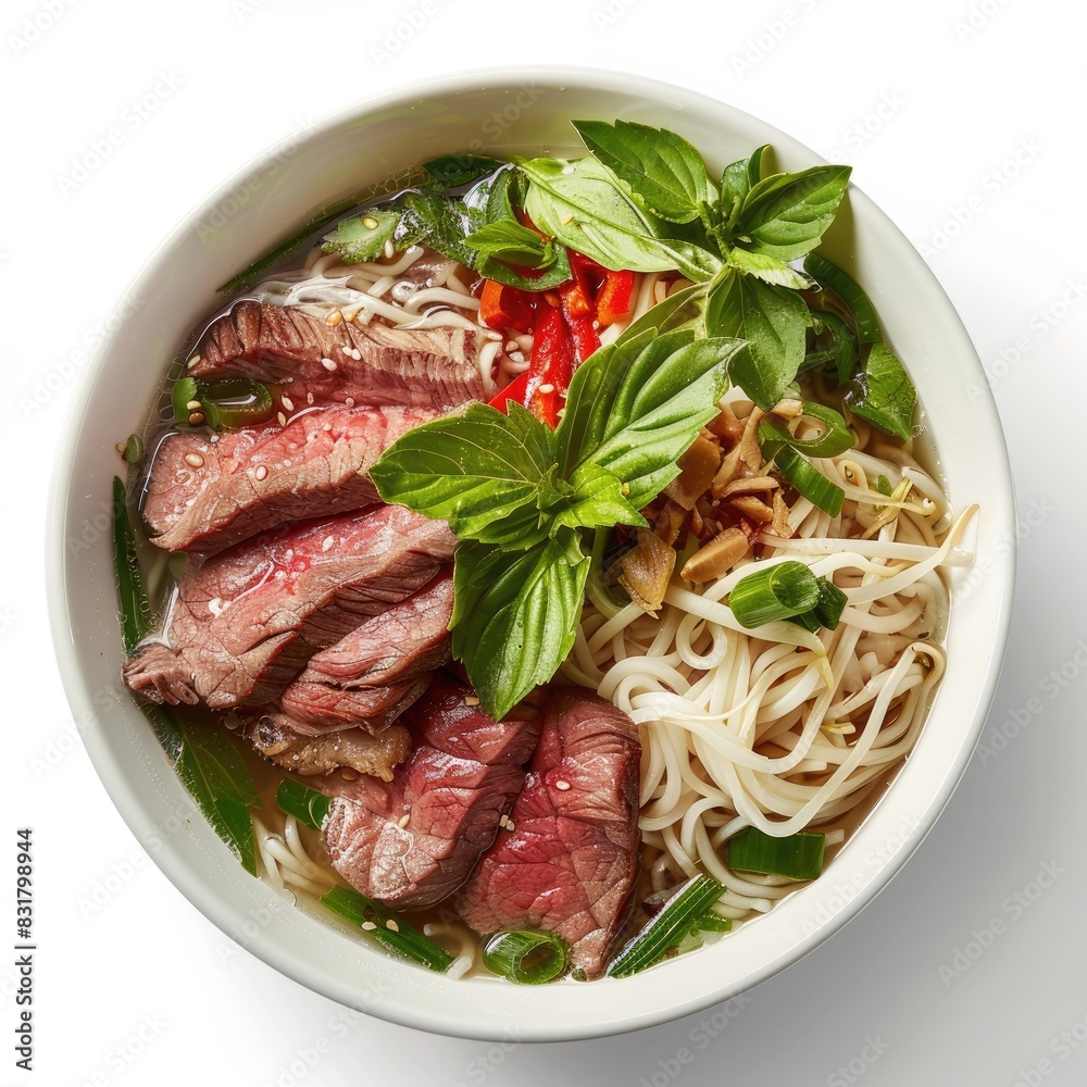 Bowl Of Pho With Beef Slices, Herbs, And Rice Noodles Bowl Of Pho With Beef Slices, Herbs, And Rice Noodles