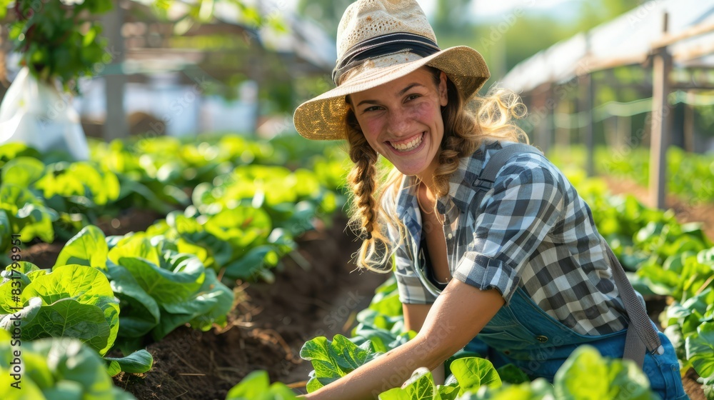 Happy woman working at an organic farm cultivating green vegetables Happy woman working at an organic farm cultivating green vegetables