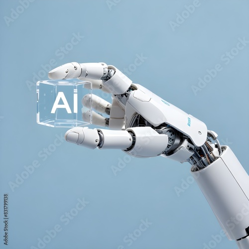 A white robotic hand holding a transparent cube with the letter 'AI' printed on it, against a light blue background